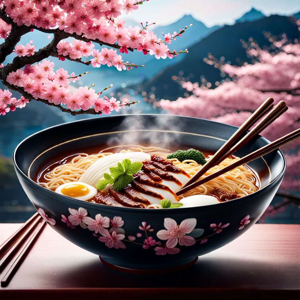 A steaming bowl of ramen with a beautiful cherry blossom  by @DJ ART