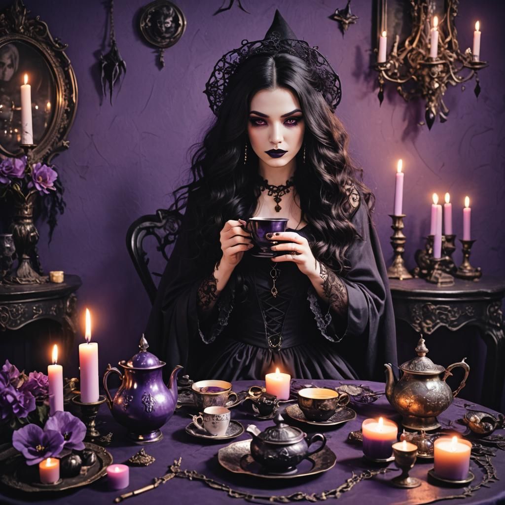 Gothic Witch Having Tea in Magical Room