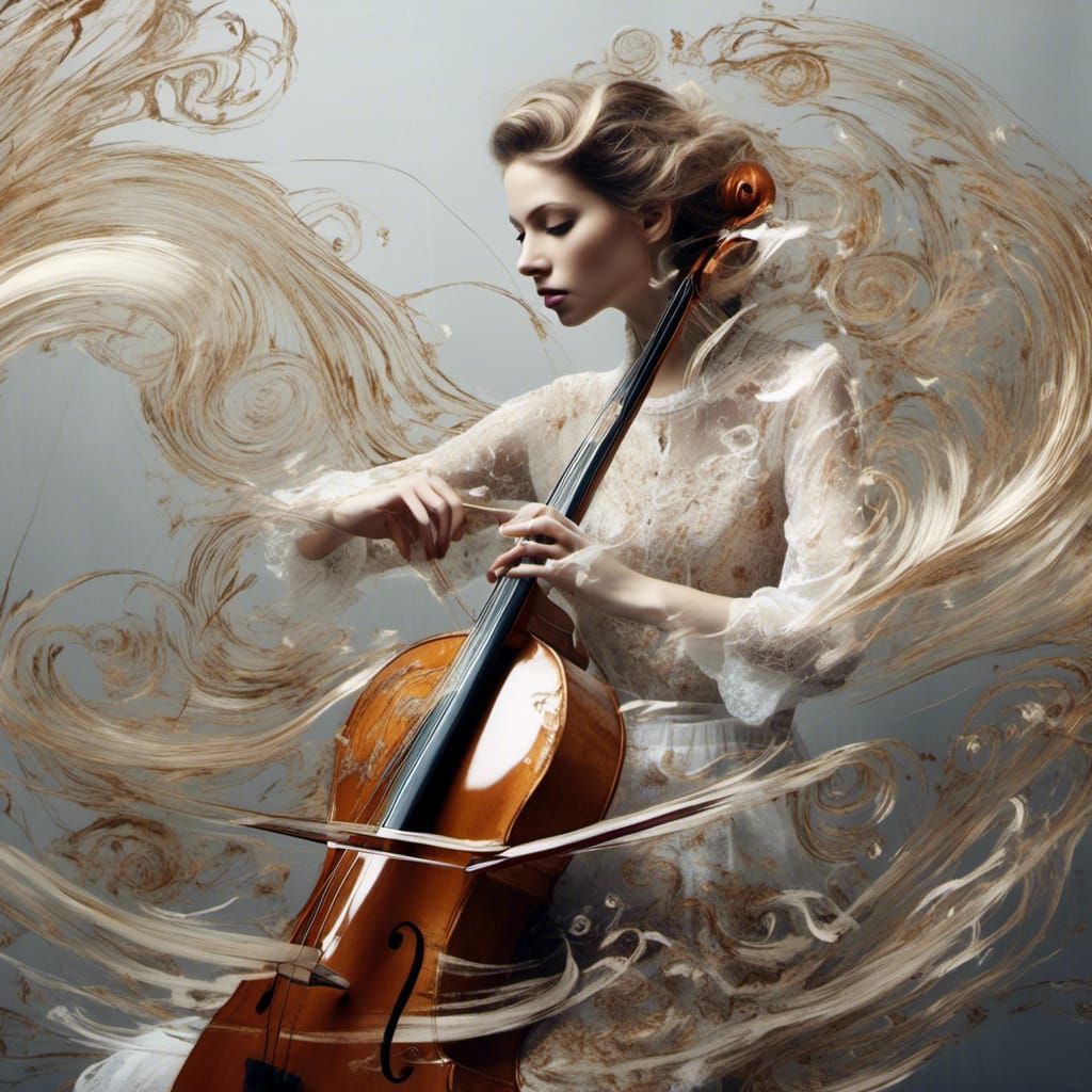 Hyperrealistic Double Exposure: Cello and Ethereal Woman