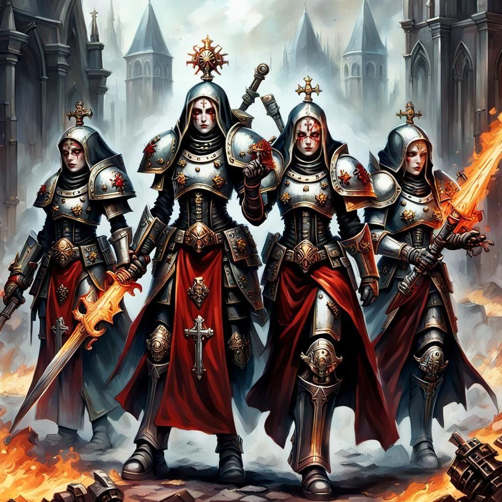 Create an artwork featuring the Adepta Sororitas, the Sisters of Battle from Warhammer 40K. The scene depicts a group of these fierce warrio...
