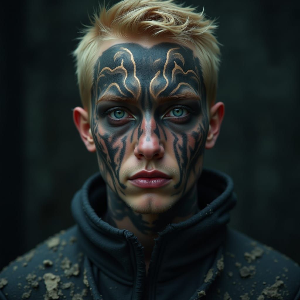 <lora:FaceWorx:1.0> FaceWorx: Viking Icebound Skald editorial pigment makeup, mythic glyph facepaint, high-contrast full-face makeup, cinema...