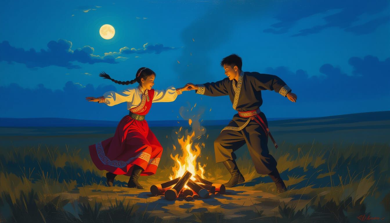 Mongolian Youth Dance Around Bonfire in Court Oil Painting S...