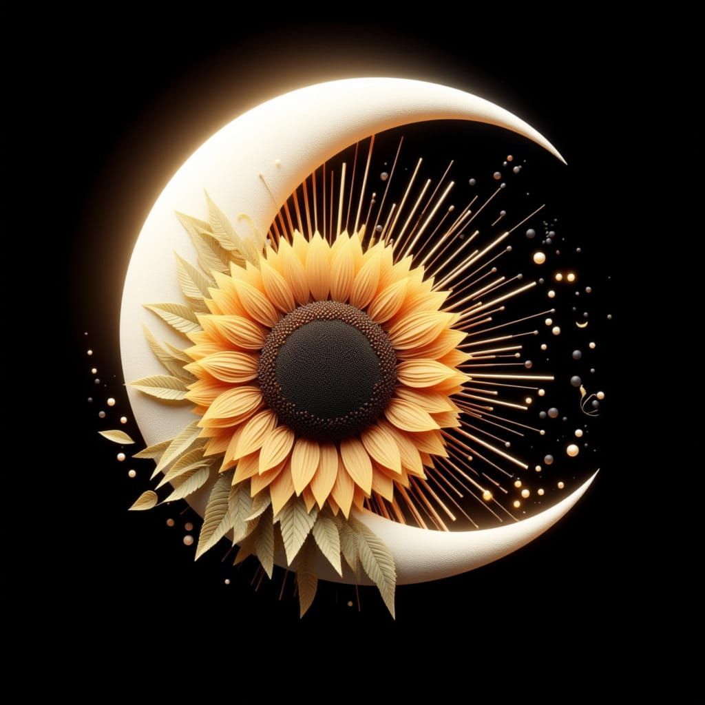 <lora:Mrs H-Crescent Moons:1.0> Create a beautiful white crescent Moon with a stunning vibrant sunflower in Ying Yang style, black backgroun...