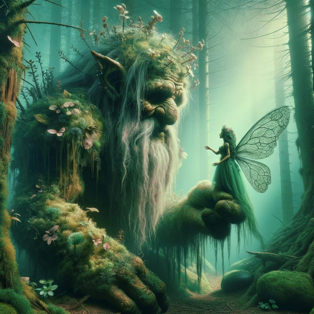 A close-up of a forest troll and a woodland fairy in a botanical surrealism style forest. The troll is ancient and has a rough, mossy textur...