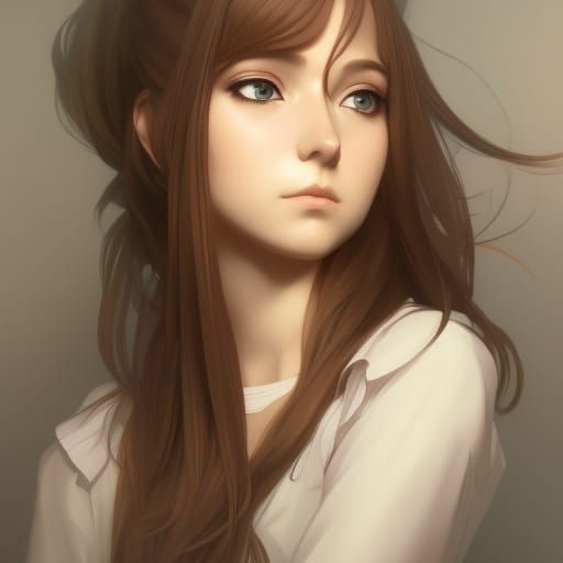 Anime style young woman, long hair, shy, wearing cute blouse and pleated  mini skirt, big brown eyes - AI Generated Artwork - NightCafe Creator