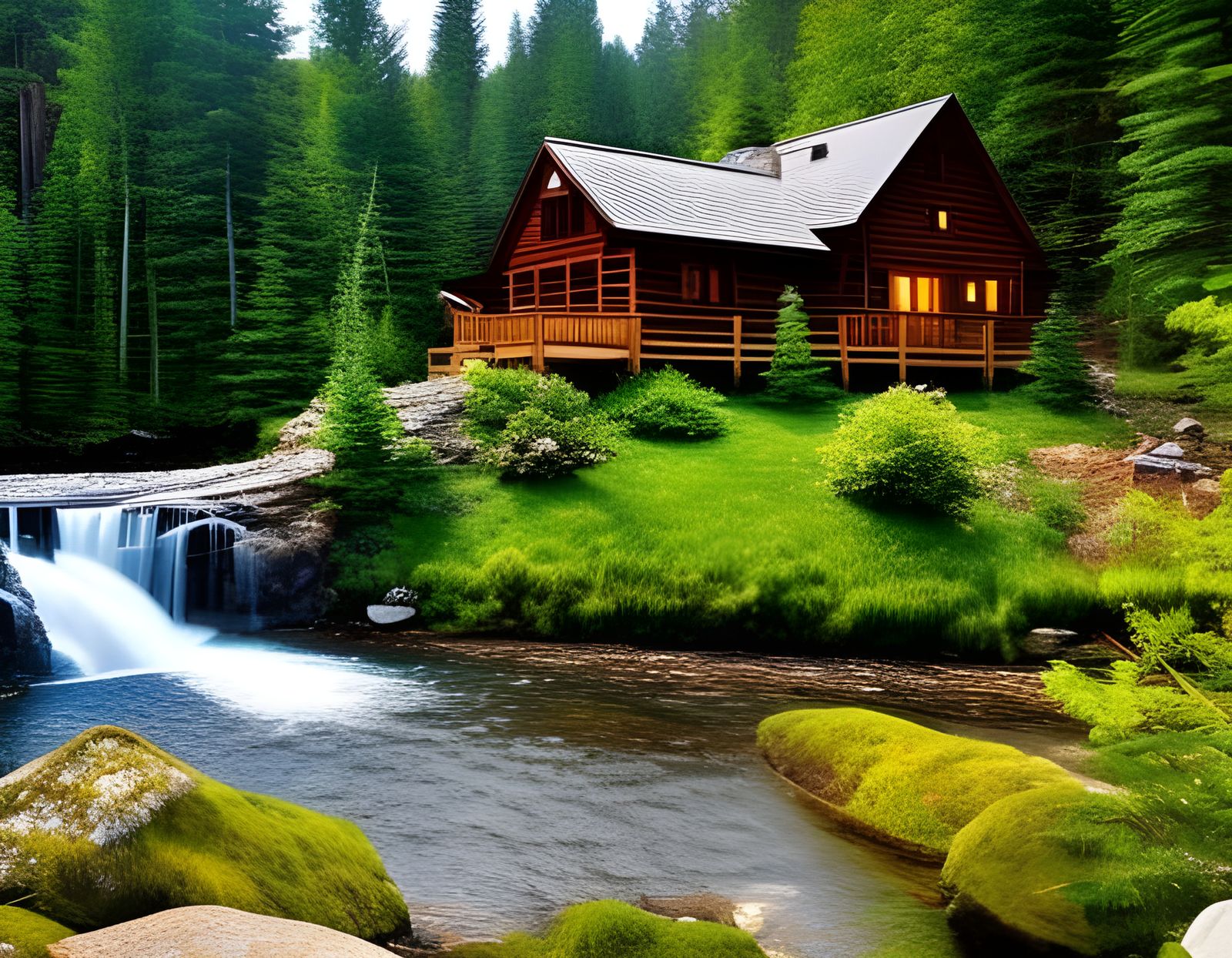 beautiful landscape of Waterfalls and cozy cabin on mountain...