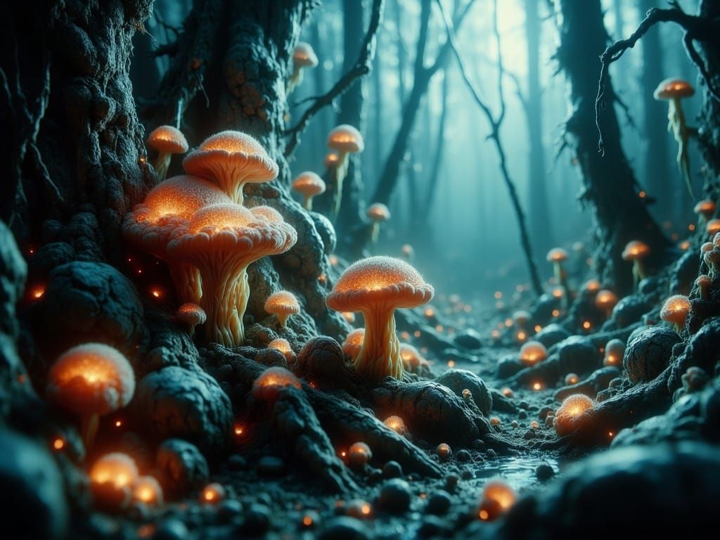 <lora:-Omnious-:1.0> <lora:Dark Portraits:1.0> Vibrant digital art of intertwined fungal hyphae and tree roots in a dense, misty forest, cap...