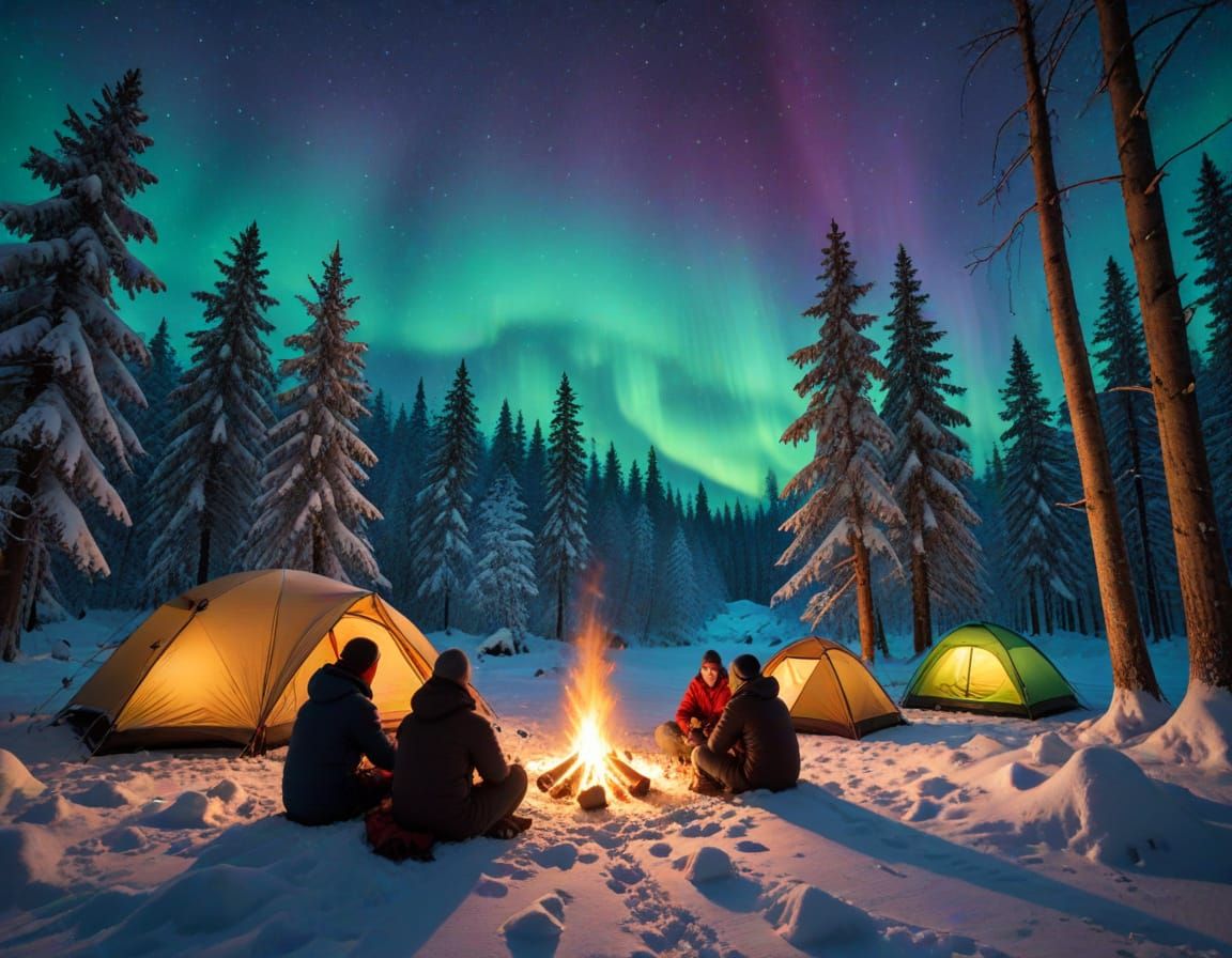 winter camping in a magical snowy forest, people are sitting by the fire, cheerfully debating, beautiful ...  by @Golem