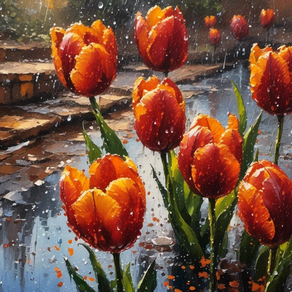  <lora:Surreal Realism:1.0> tulip colored, rain, morning, background autumn colours, highly detailed, deep contrast of colors 