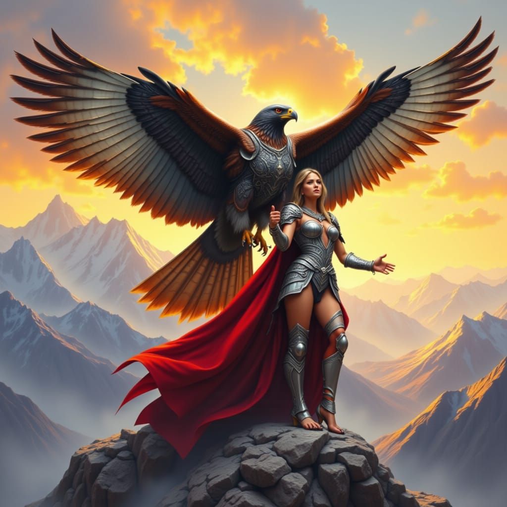 <lora:Birds of Prey:1.0> falcon with woman