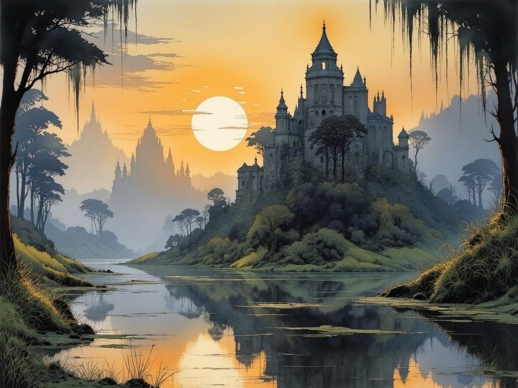 the mysterious ruined city is reflected in the lake, in the jungle in the gentle sunset, by Stewart Edmondson, ...  by @Tina auf der Blumenwiese