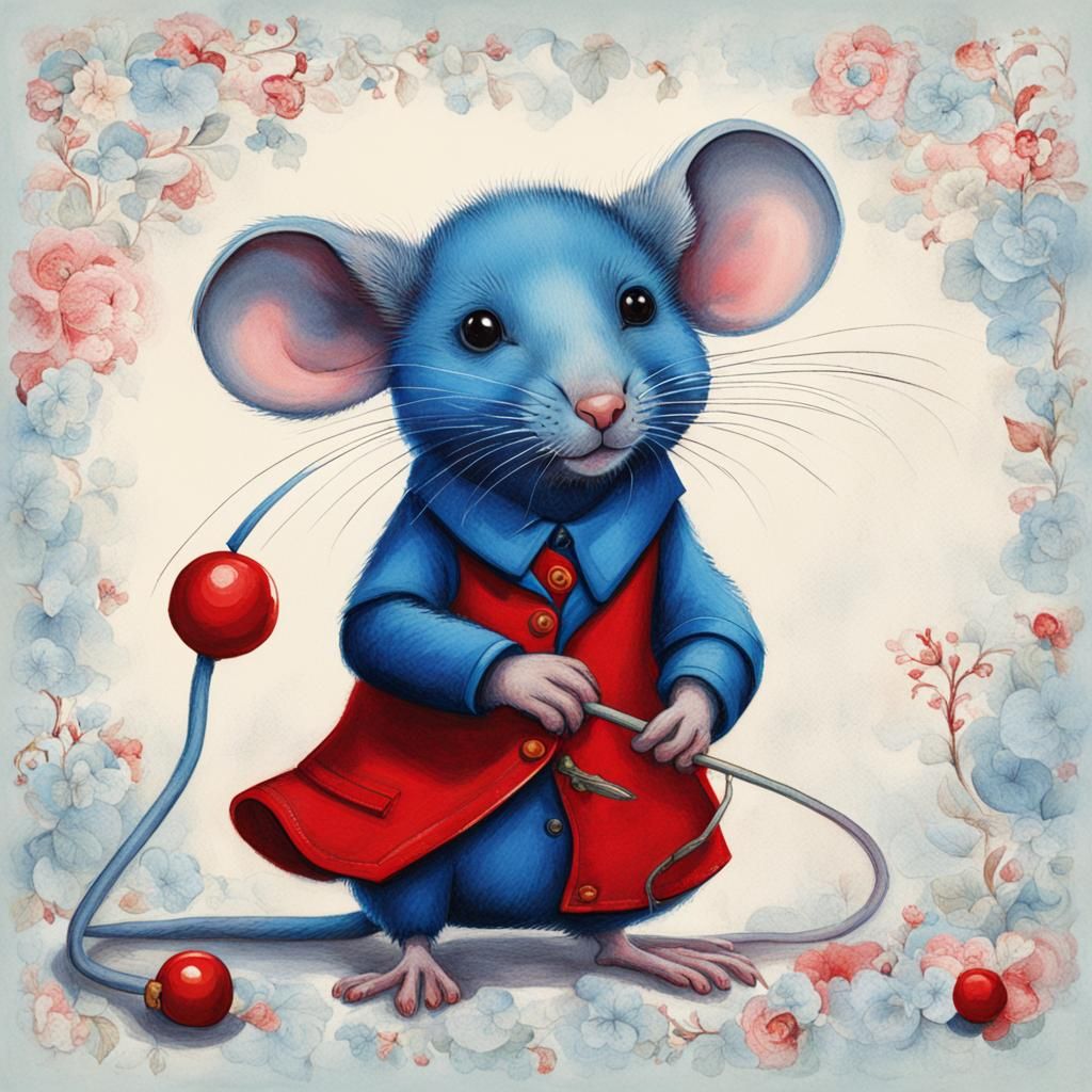 a blue mouse dressed in red