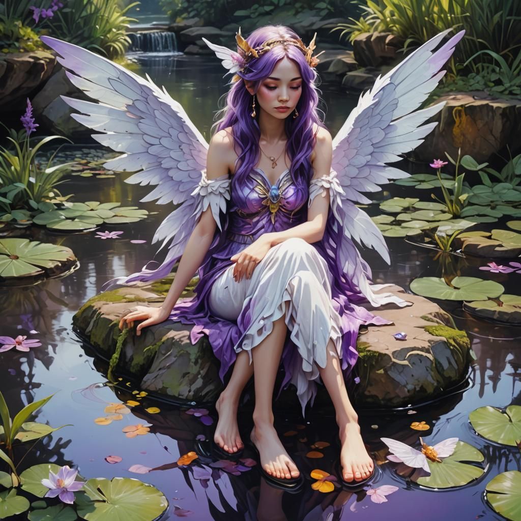Hyperrealism Ethereal fairy goddess with purple and white feathered wings resting on a cozy rock in a peaceful pond