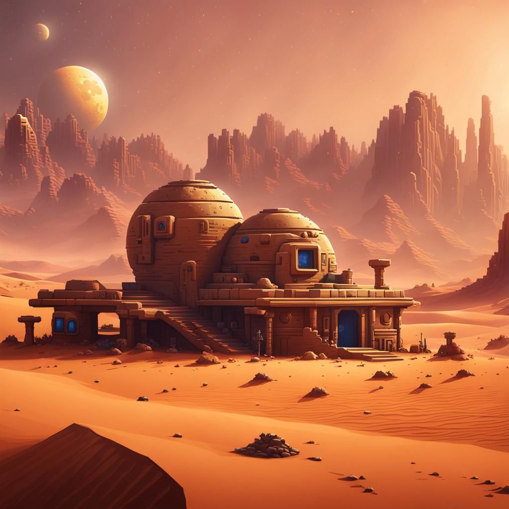A pixel art 8 bit. A landscape in the desert. A sand home. T...