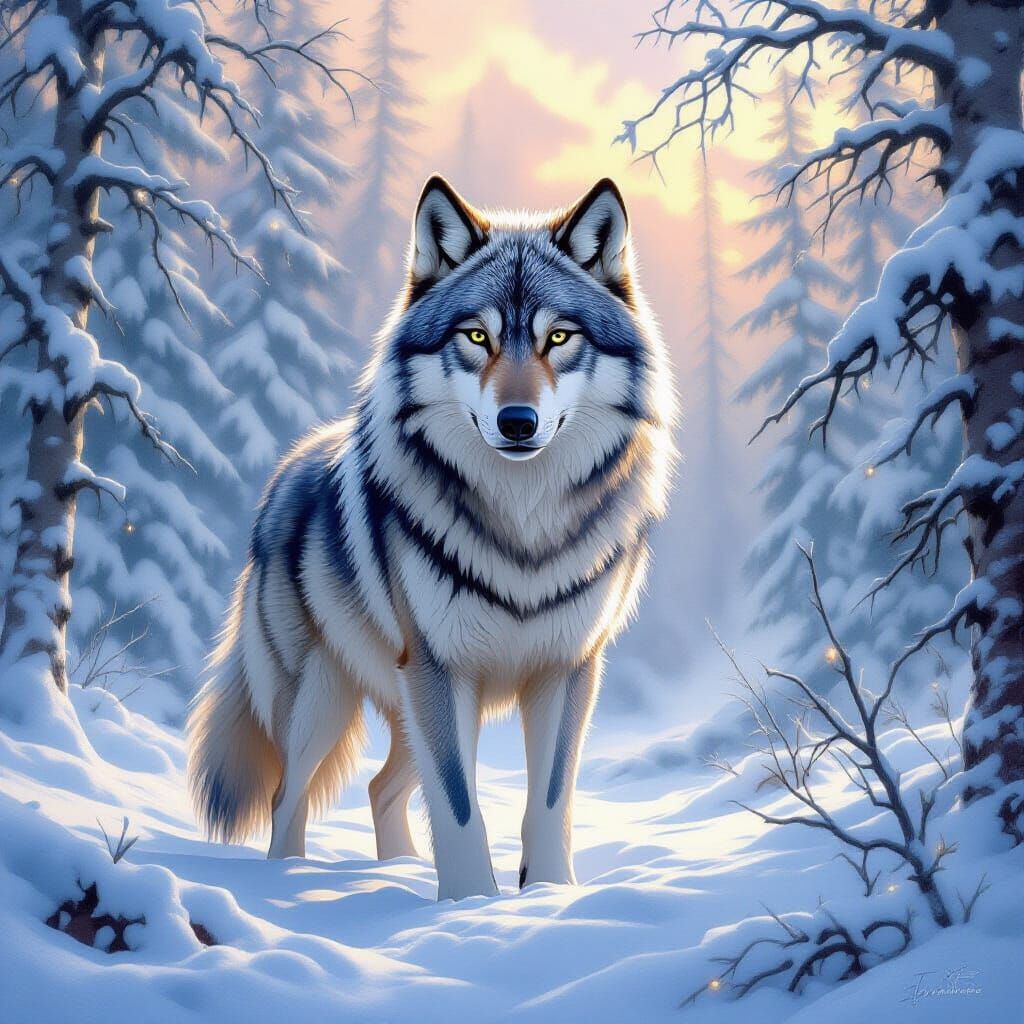 A direwolf in the artic woods  by @TJOmalley