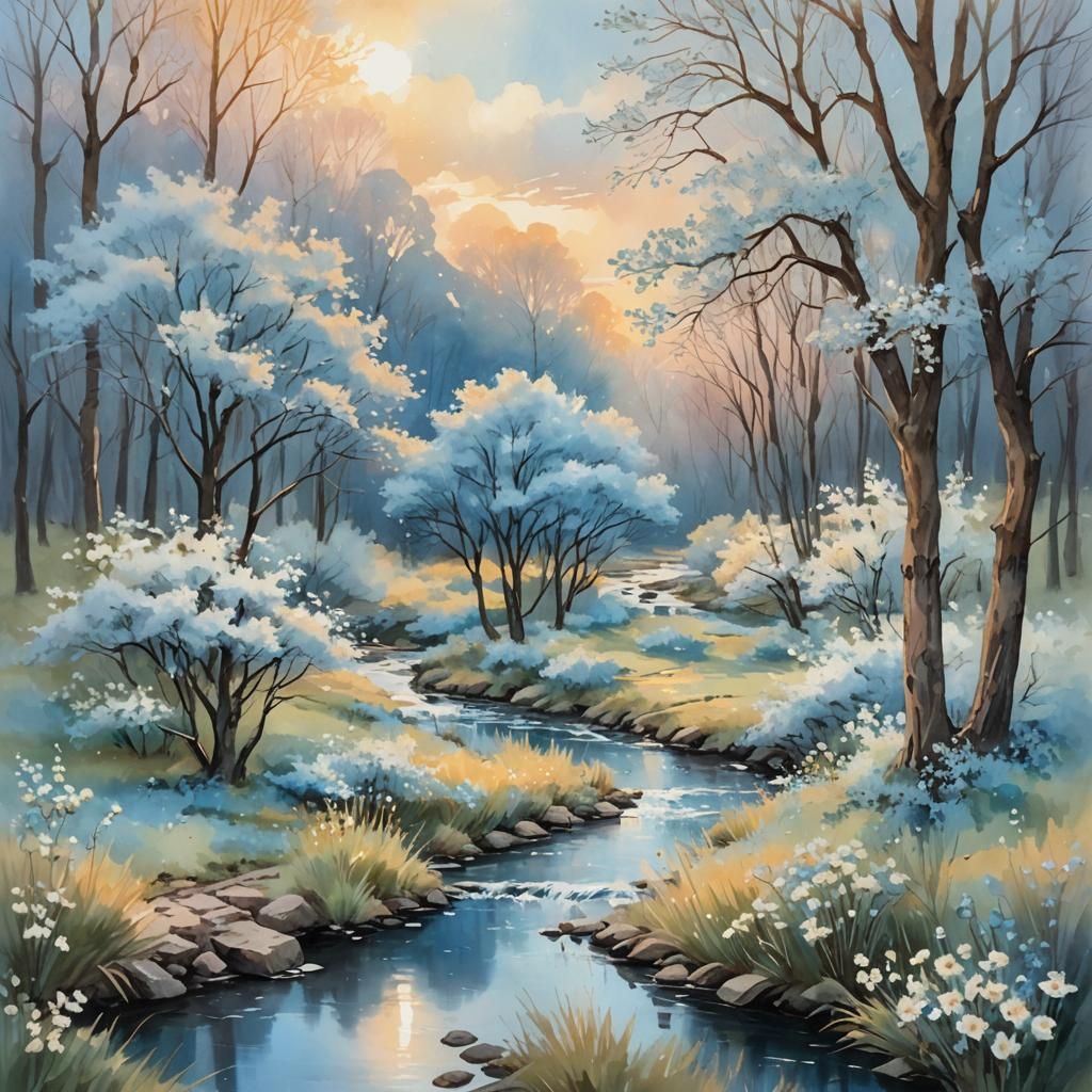 all light blue woods with bare  darker blue trees, the sunse...