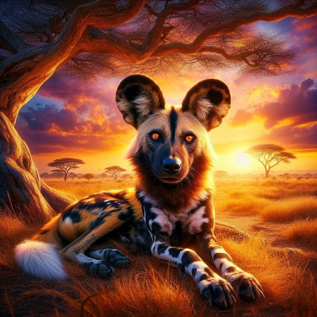 Kanya: African Painted Wild Dog in African sunset