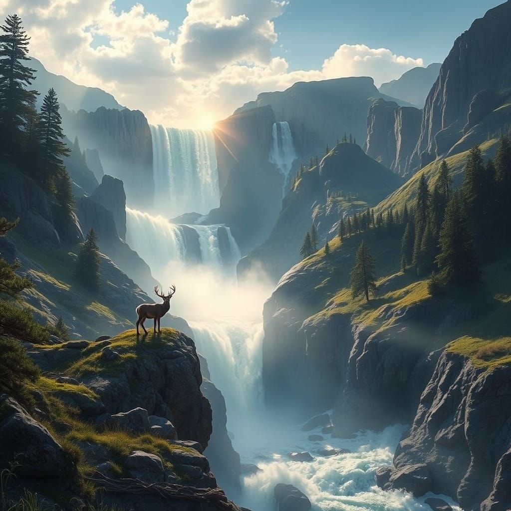 Majestic Stag Watches Time Flow in Shimmering Light Waterfal...