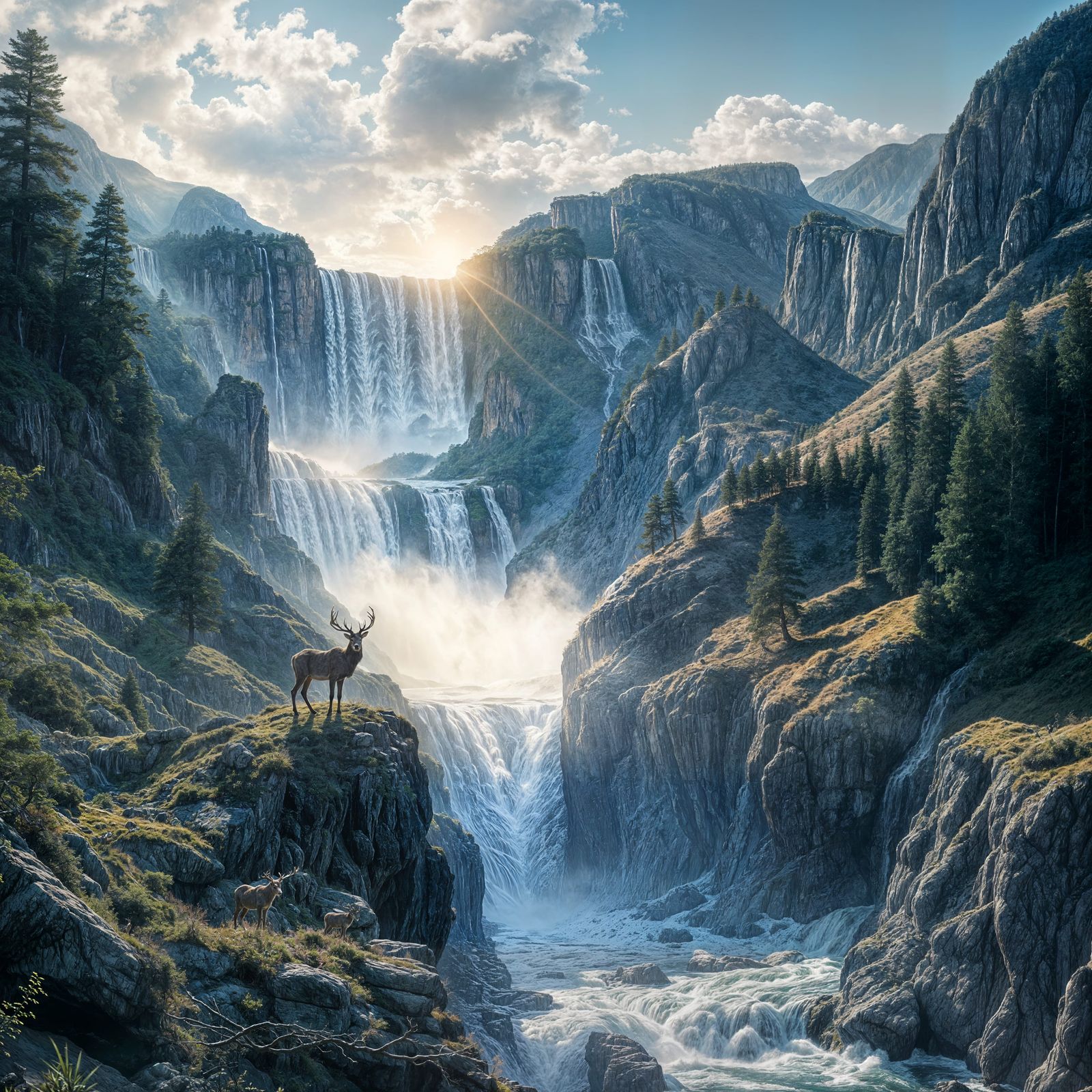Majestic Stag Observes Time Waterfall in Serene Valley