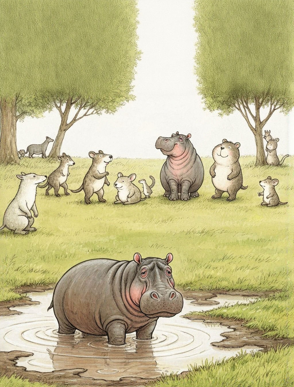 hippo in mud at front alone and sad while in the back corner a hippo is with all the other animals
