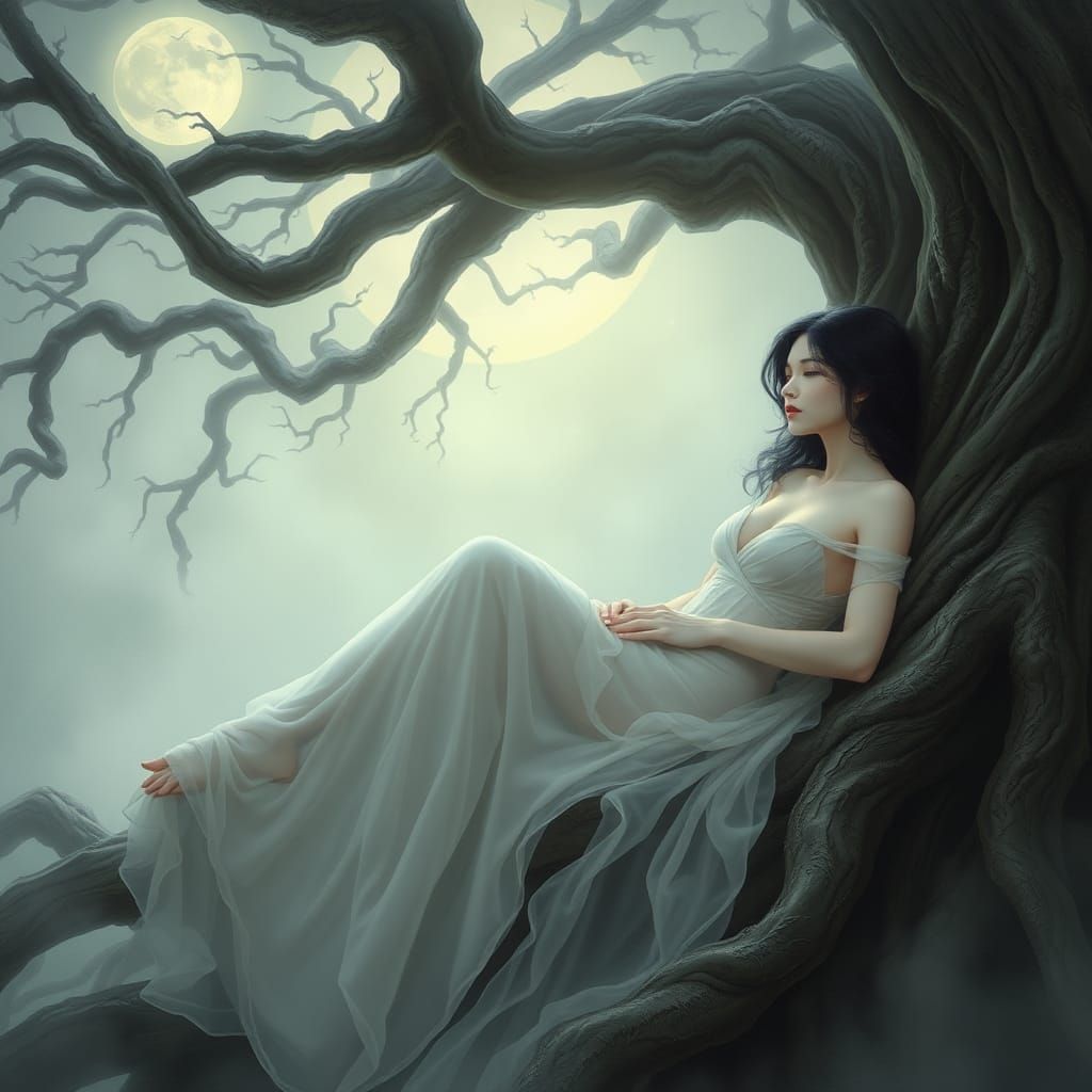 a woman with a pale complexion and a transparent dress, lyin...