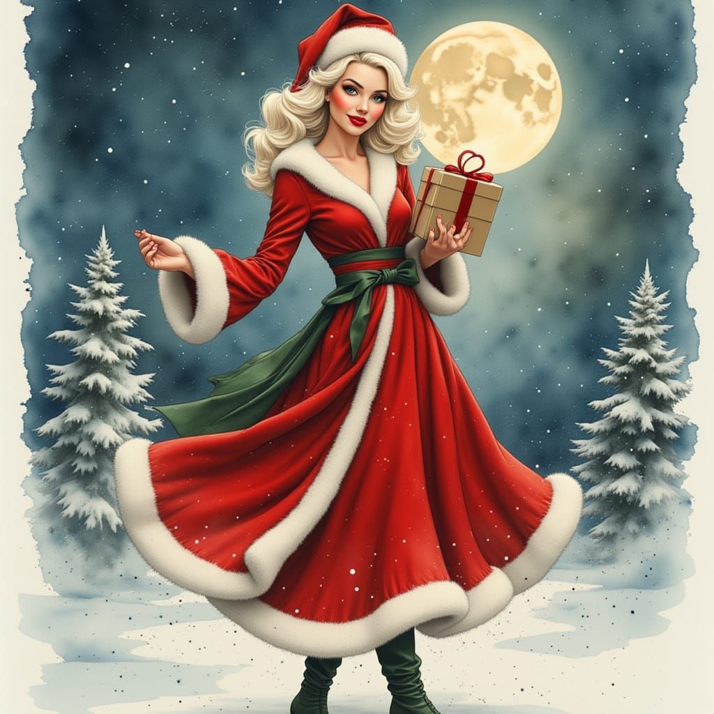 <lora:WhiskeyGouache:1.0>
A captivating illustration of a stunning modern and glamorous Mrs. Claus, with white hair and a hat, dressed in a...