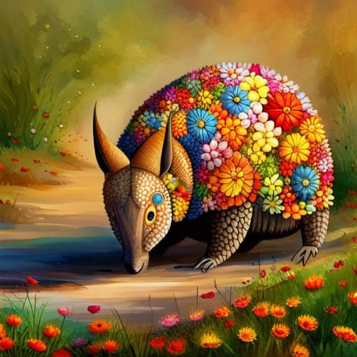 armadillo with a shell covered in brightly colored flowers  by @SueL