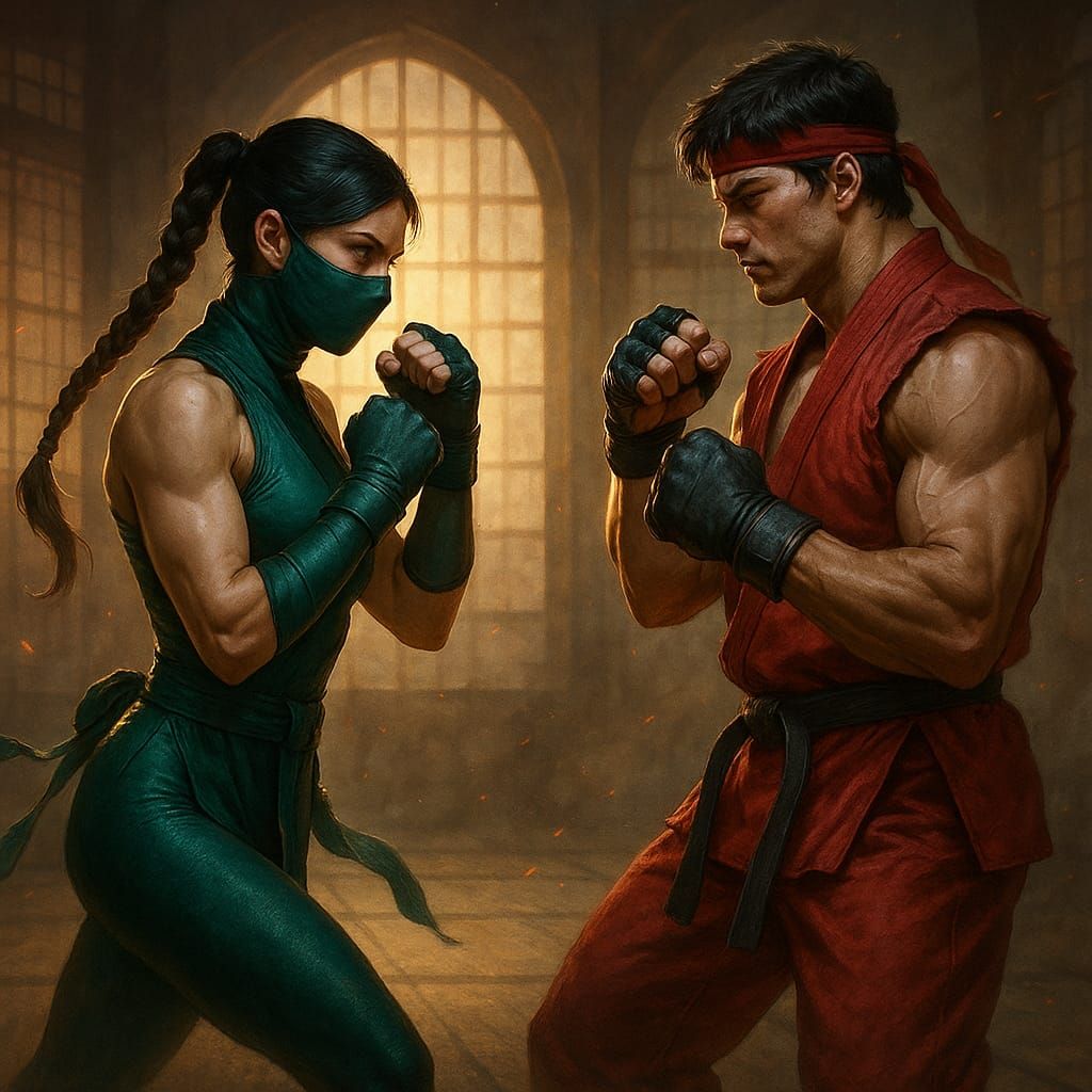 Semi-realistic digital painting of a mixed fight