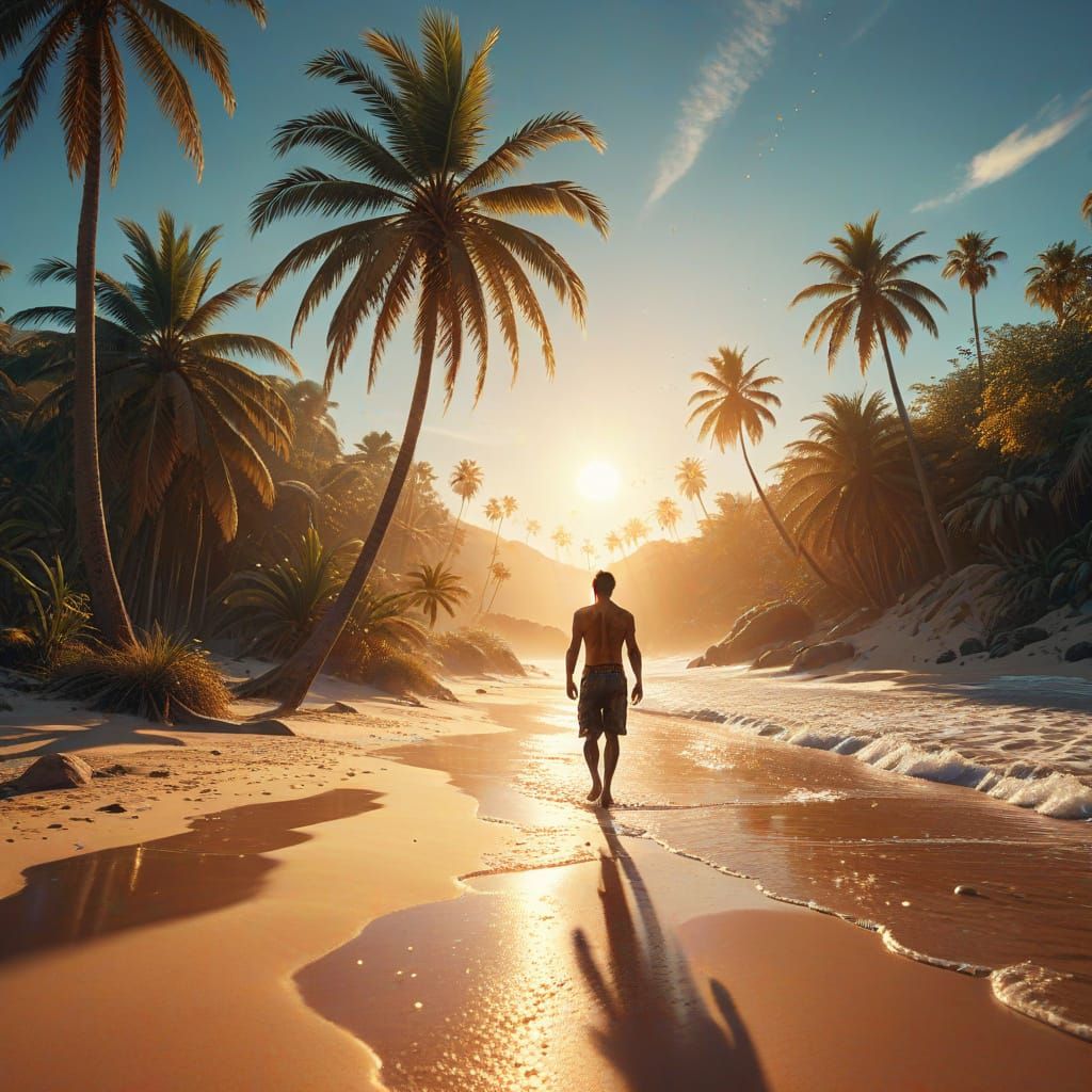 Crystalline Coastline. Sandy warm beach, palm trees, waves crashing on the sand. Crystals glinting within rocks along the shoreline. Epic ci...