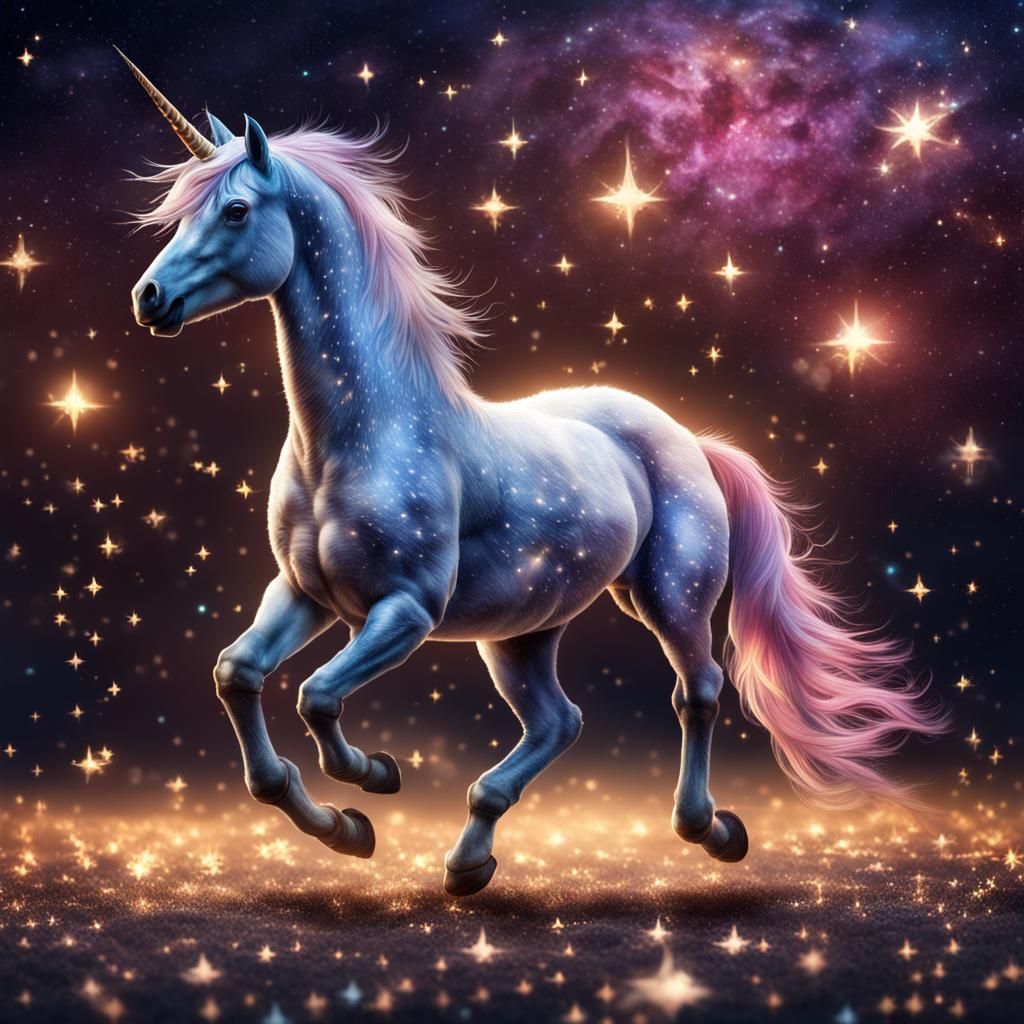 unicorn happy, dancing and touching the stars