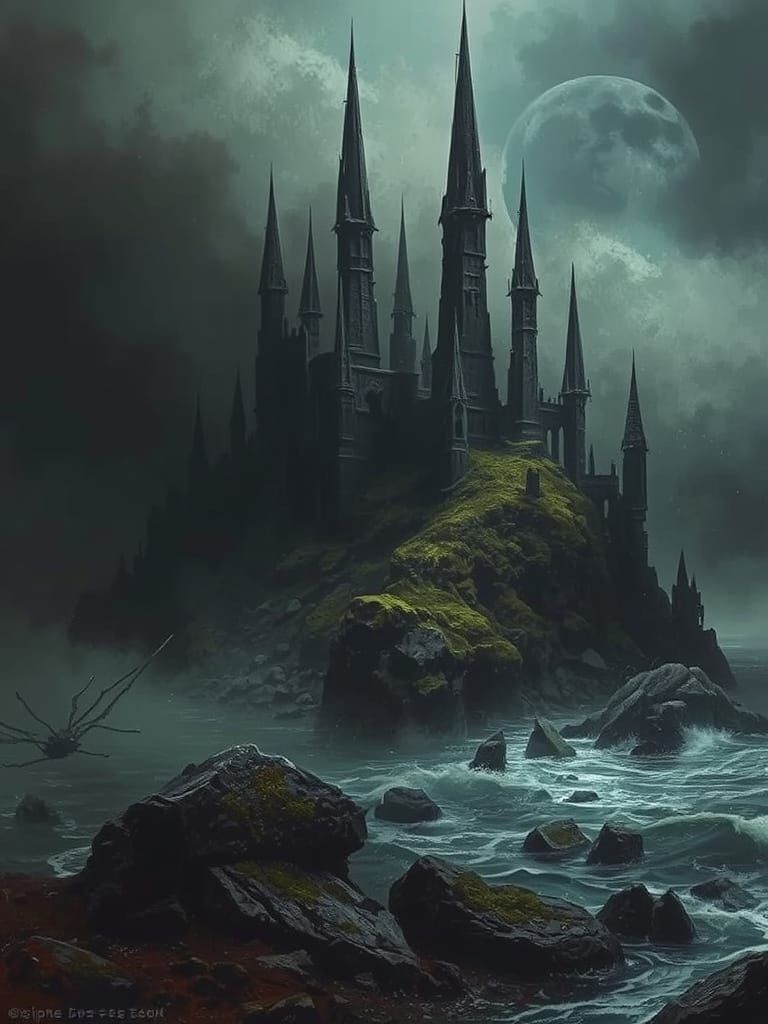 A dark island in the dark waters of the ocean, non-Euclidean geometry, dark spires sticking out of the ...  by @Chiffa