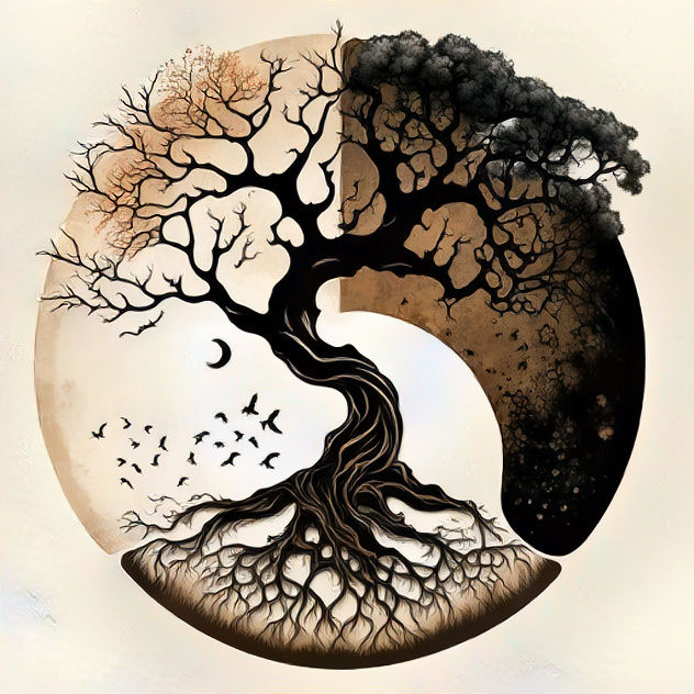 ying yang logowith tree and roots