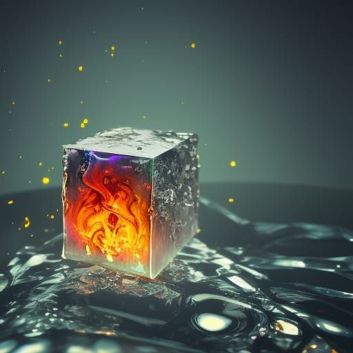 Cube of ice with an single flame of fire inside, elegant, hyperdetailed macro photography sharp focus elemental perfectl...