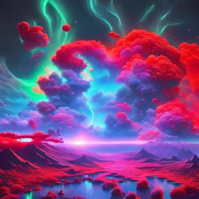 neon glowing Space flowers with stamen-lasers of glowing surging unstable red hot plasma in a radiant glowing misty cloud background of neon...