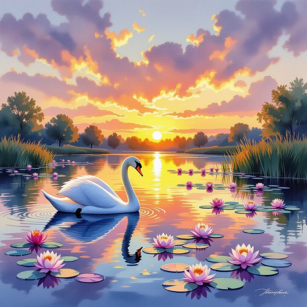 Watercolor painting. Medium-sized image. A peaceful swan pond reflects the vibrant colors of the sunset ...  by @Shadowbird