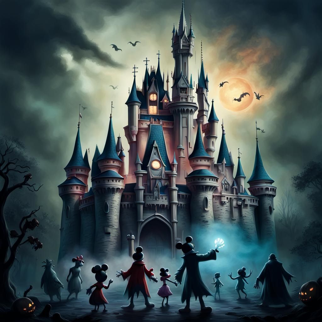 A cursed Disney world castle surrounded by zombie and ghost ...
