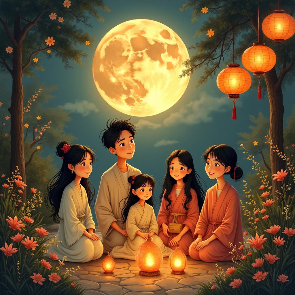 Family Reunion Under Full Moon in Impressionistic Style