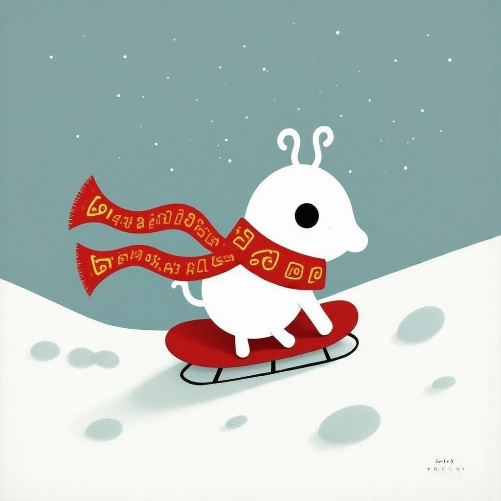 <lora:MOONMOTH SONG:1.0> Cute creature with a scarf sledding down snowy hill on a sled"