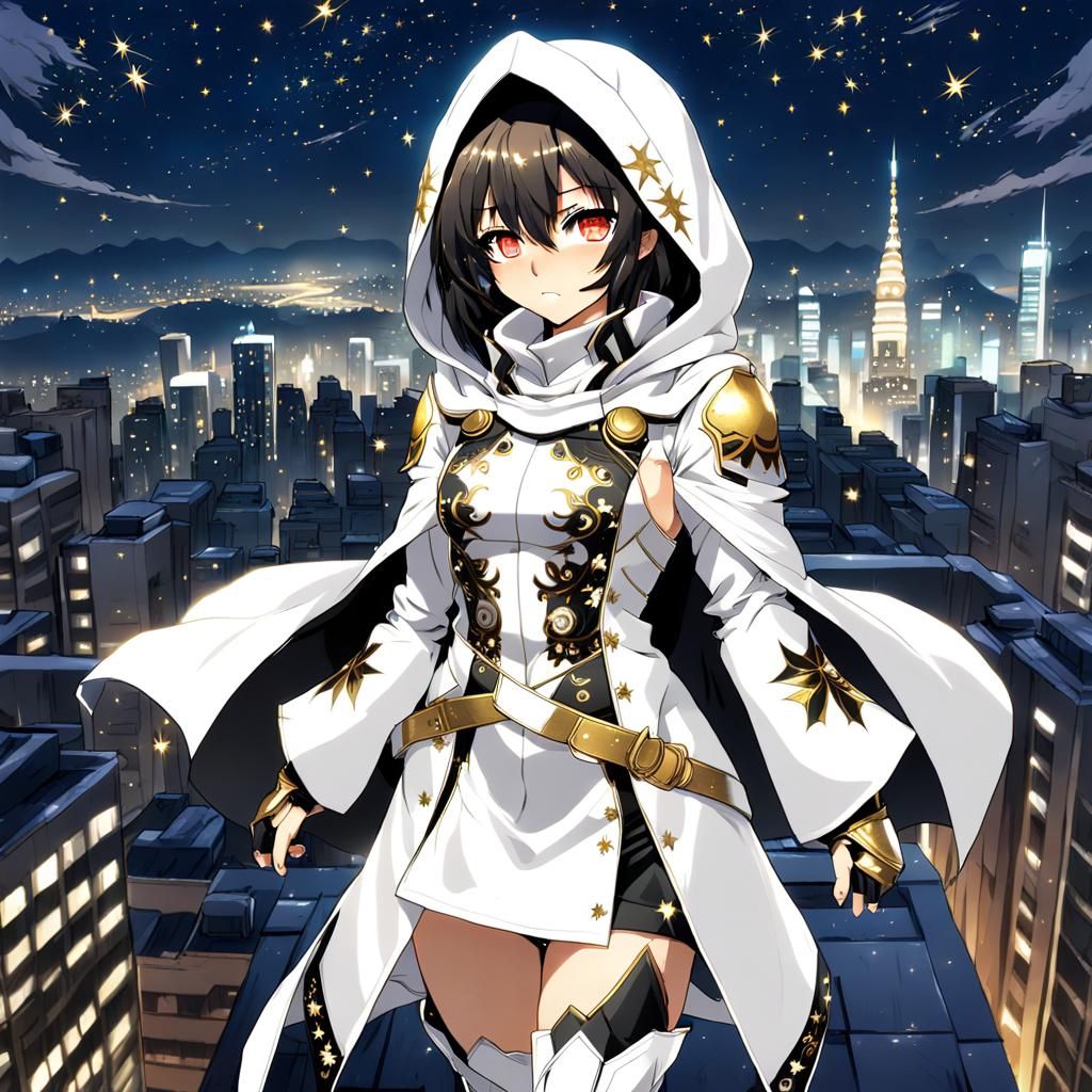 Anime Muscle Girl in White Armor at Night