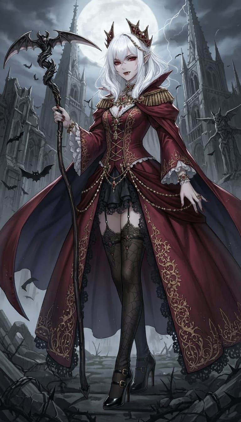  A young anime female vampire admiral adorned with exquisite jewelry, wielding a menacing scythe. She wears a gothic royal dress, elegant hi...