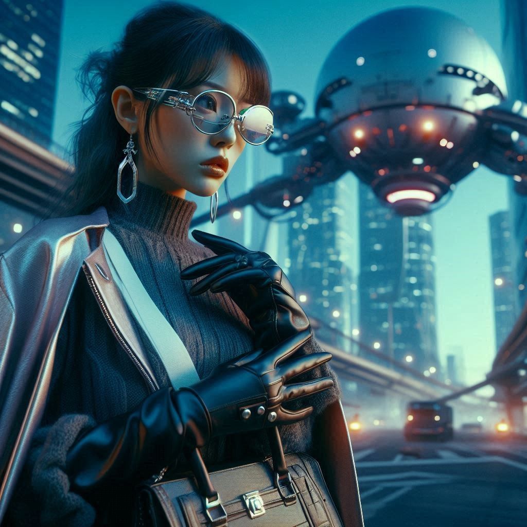 Young asian Woman with a shiny costume, safety goggles, leathergloves  and a handbag standing on the street of a futuris...