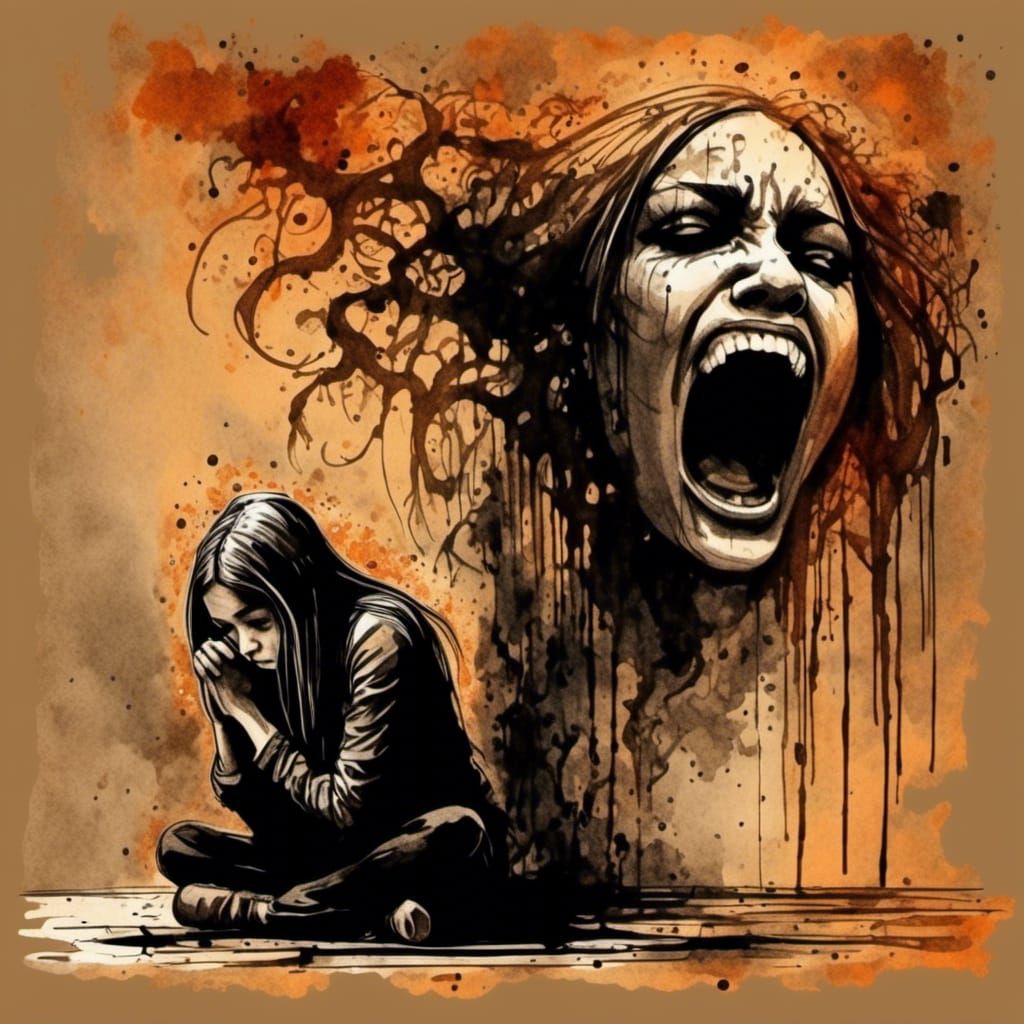 Sad Woman with Spirit: Ink and Watercolor Art