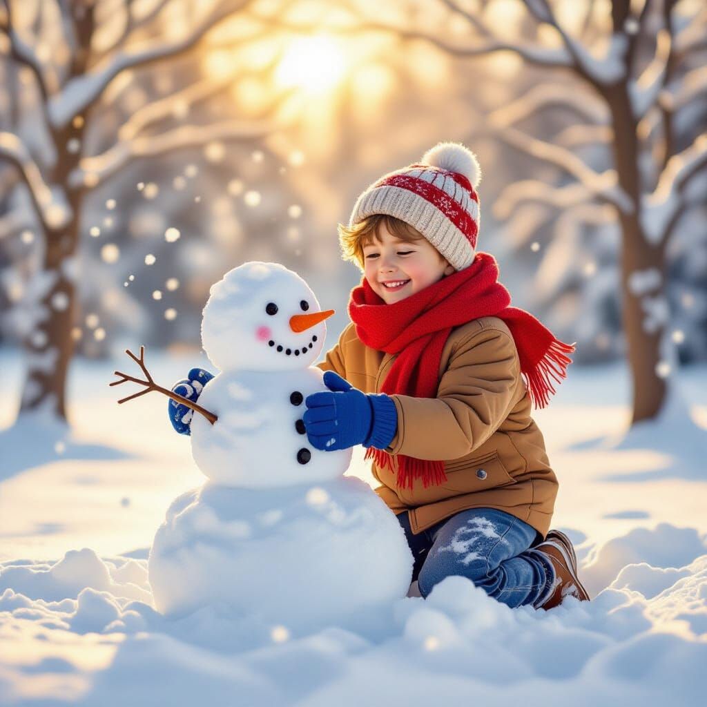 Boy Building Snowman in Golden Hour Light