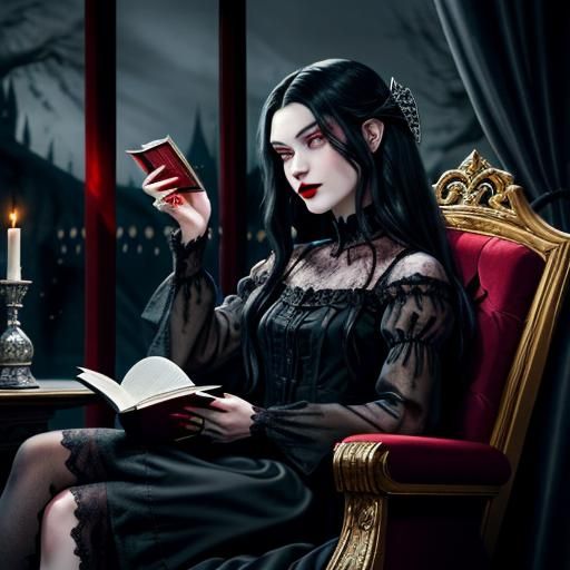 A regal female vampire (reading a book an drinking a glass o...