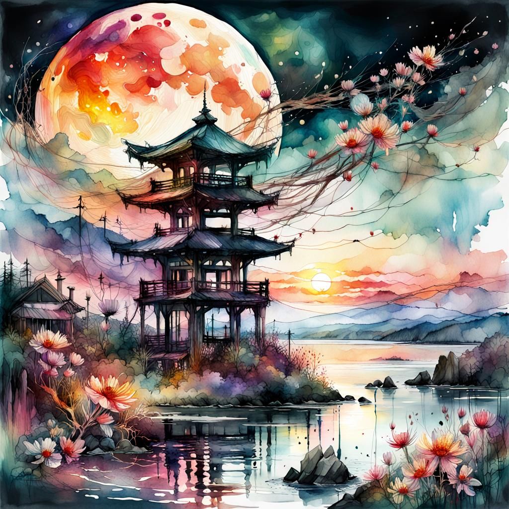 bloodmoon Digital watercolor Illustration of a summerscape s...