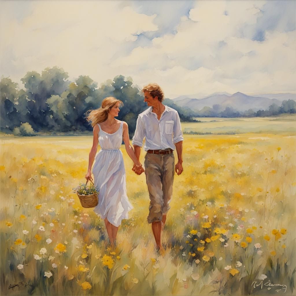 (couple_in_love_walking_barefoot_through_the_field_of_wild_flowers ...