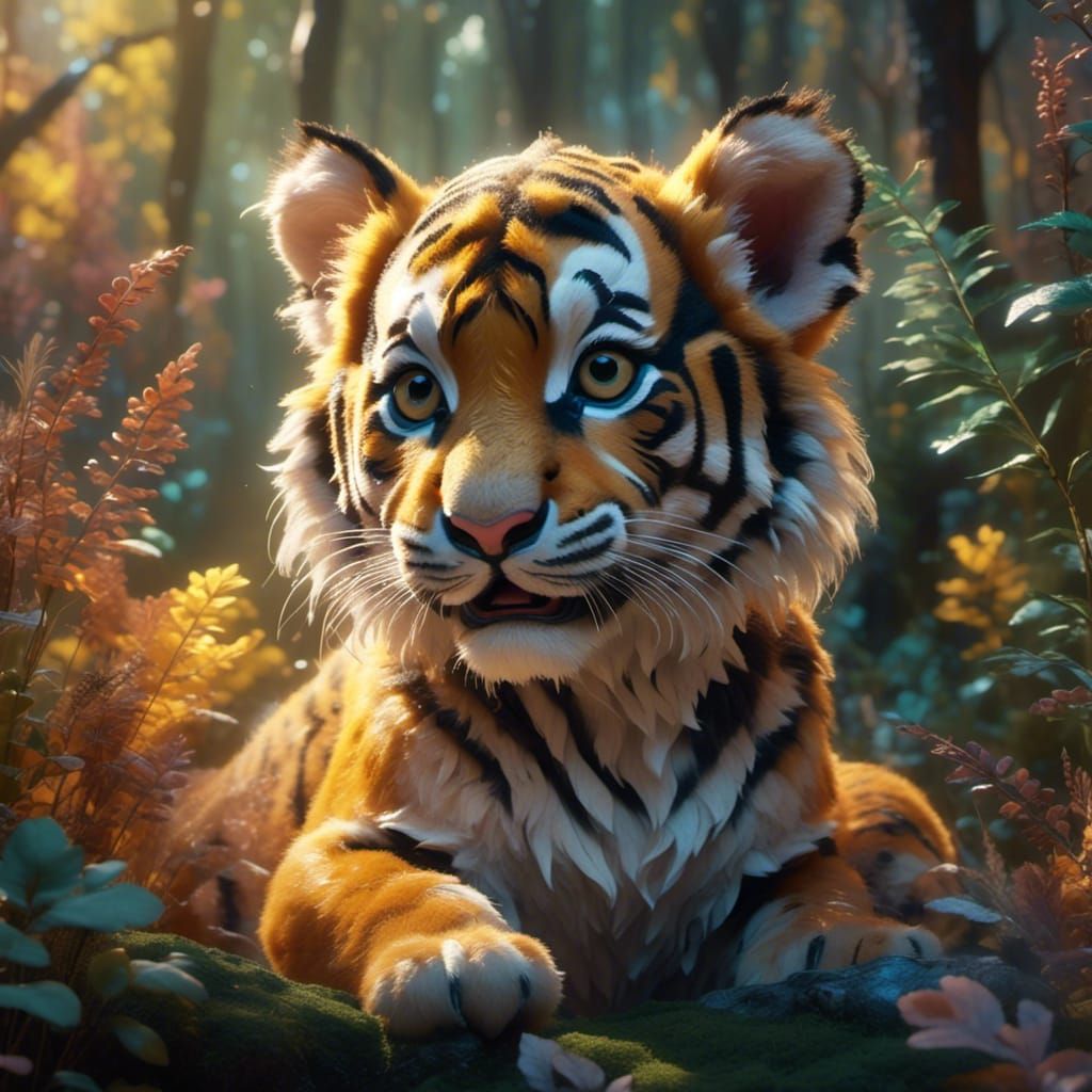 super cute baby tiger with very exaggerated baby features in a ethereal wonderland dramatic lighting dramatic camera 8k resolution beautiful...