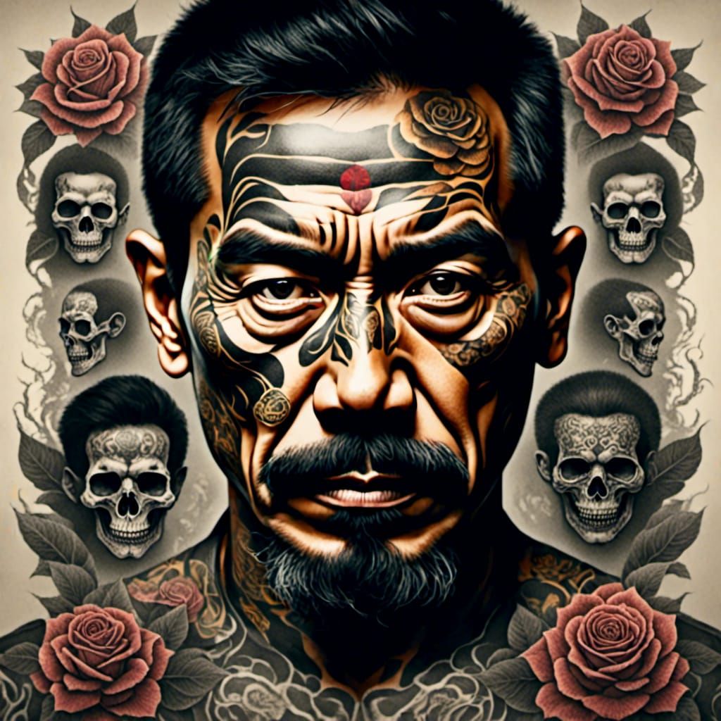 Portrait of a Colombian drug lord with tattooed face <lora:Tattooed:1.2> 