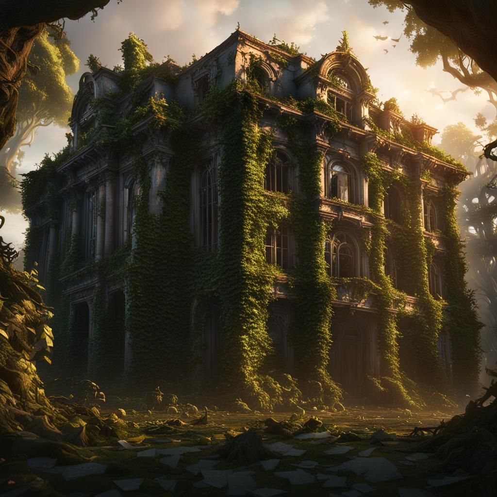 An abandoned, overgrown mansion with ivy creeping up its walls and ...