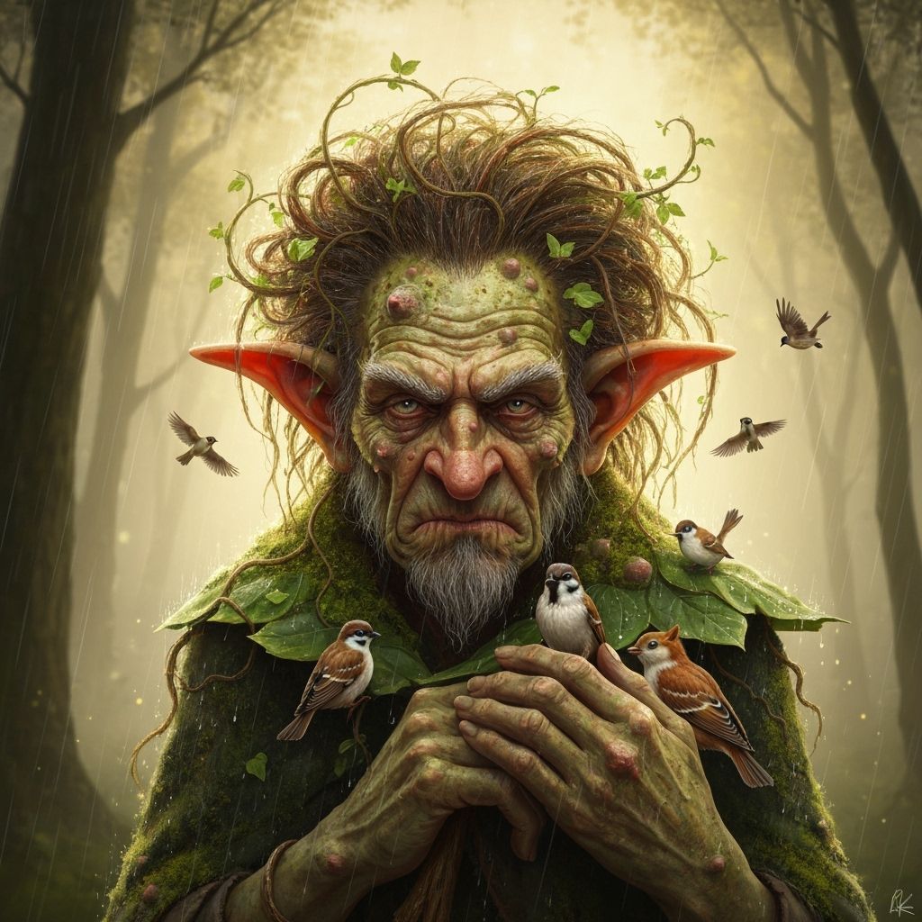 A hyperrealistic portrait of an old forest gnome or woodland goblin. He has rough, green, wart-covered ...  by @Juliaylara
